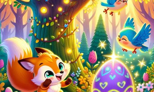 Ein niedlicher Fuchs namens Felix mit leuchtend orangefarbenem Fell und einem buschigen Schwanz tanzt fröhlich um einen großen Baum mit bunten Ästen, sein Gesicht strahlt vor Aufregung und Neugier. Neben ihm flattert ein kleiner gelber Vogel mit glänzenden Federn und funkelnden Augen lachend, während ein blauer Vogel mit schimmernden Federn in der Luft Pirouetten dreht, beide teilen Felix' Begeisterung. Der Ort ist ein verzauberter Wald, durchflutet von goldenem Licht, wo die Bäume mit bunten Blättern und riesigen Blumen geschmückt sind und eine magische, fröhliche Atmosphäre schaffen. Im Zentrum dieser Szene liegt ein lila Ei mit grünen Punkten, das wie ein Stern strahlt und kurz davor ist zu schlüpfen, während Felix und seine Freunde umher tanzen, gespannt darauf, was herauskommen wird.