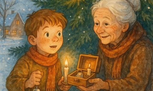 Bambino di 8 anni dal volto rotondo e lentigginoso guarda meravigliato con espressione dolce, tiene una piccola candela accesa in una mano e una campanella d'argento nell'altra; accanto a lui una donna anziana di circa 75 anni con capelli bianchi raccolti, cappotto marrone consumato e sciarpa cannella, seduta sotto i rami bassi dell'albero offre con dolcezza una scatolina di legno aperta che contiene una campanella e una candela; scena intima nella piazza innevata del villaggio al crepuscolo con grande abete addobbato, case di legno illuminate e neve che scende in morbidi fiocchi, luce dorata della candela sul loro volto; palette in toni pastello caldi (ocra, rosso velluto, marrone), blu freddi per la neve e accenti d'argento e dorati; stile acquerello delicato con contorni sfumati, trame sul cappotto e spruzzi controllati per i fiocchi.