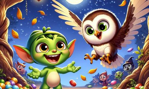 Ein kleiner grüner Kobold namens Kiki, mit großen runden Augen und einem breiten Lächeln, steht in der Mitte des Bildes mit offenen Armen und einem freudigen Gesichtsausdruck, umgeben von bunten Süßigkeiten. Neben ihm fliegt eine elegante Eule namens Ella, mit braunen Federn und glänzenden Augen, fröhlich über Kiki und zeigt ein verschwörerisches Lächeln. Die Szenerie ist ein verzauberter Wald, in dem Bäume mit verdrehten Stämmen unter einem sternenklaren Himmel stehen, beleuchtet vom sanften Licht eines Vollmonds, während goldene Blätter sanft um sie herum fallen. Die Szene zeigt Kiki und Ella, die einen geheimnisvollen Schlüsselbund voller funkelnder Süßigkeiten entdecken, umgeben von anderen staunenden Kindern in bunten Kostümen, die sich bereit machen, gemeinsam Halloween zu feiern.