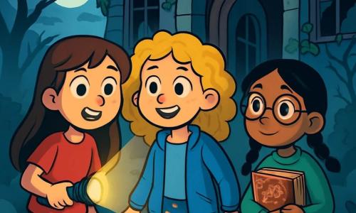 Hay 3 personajes: - Clara: una niña de 10 años, con cabello largo castaño y ojos brillantes. Lleva una camiseta roja y jeans, y sostiene una linterna que ilumina su rostro curioso. - Lucía: una niña de 10 años, con cabello rubio y rizado, y una sonrisa valiente. Lleva una chaqueta azul y una falda con flores, y mira a su alrededor con emoción. - Sofía: una niña de 10 años, con cabello negro trenzado y gafas redondas. Lleva un suéter verde y pantalones negros, y sostiene un viejo libro de cuentos en sus brazos, lista para leer historias. Las tres amigas están frente a la puerta entreabierta de la Casa de la Colina, un viejo edificio de piedra gris cubierto de hiedra y rodeado de árboles torcidos. La luz de la luna ilumina débilmente el jardín, donde sombras bailan entre las flores marchitas. Las ventanas rotas dejan entrever formas misteriosas en el interior. En esta ilustración, las niñas están a punto de entrar en la casa, sus rostros iluminados por la luz de la linterna, mientras una ligera niebla se eleva a su alrededor, añadiendo un toque de misterio a la atmósfera.