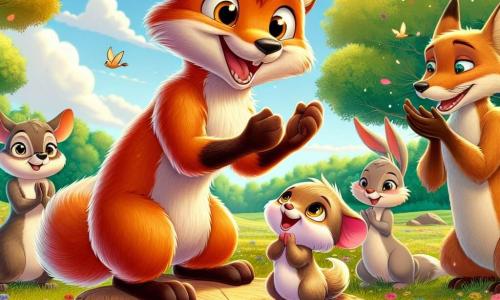 Rino, un giovane volpe con il pelo arancione brillante e grandi occhi curiosi, si trova su un ceppo d'albero con un sorriso radioso, pronto a fare un discorso per la festa del papà. Accanto a lui, il suo papà volpe, un po' più grande con il pelo marrone e occhi dolci, lo guarda con orgoglio e tenerezza. Sullo sfondo, amici animali come Gigi il ghiro e Luna la lepre applaudono gioiosamente, circondati da ghirlande di fiori colorati. Il contesto è un grande prato verde, con fiori vivaci e alberi dalle foglie dorate, sotto un cielo azzurro e soleggiato, creando un'atmosfera festosa. La scena rappresenta un momento toccante in cui Rino esprime il suo amore e la sua gratitudine verso il padre, celebrando insieme la festa del papà in un ambiente gioioso.