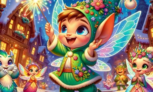 Un piccolo folletto di nome Lino, con grandi orecchie a punta e un sorriso splendente, danza gioiosamente in mezzo a un villaggio illuminato da lanterne scintillanti. Indossa una tunica verde decorata con fiori colorati e tiene un bastone magico che emette scintille. Accanto a lui, una piccola fata con ali iridescenti, capelli dorati e occhi scintillanti applaude con entusiasmo, il suo viso radioso di gioia. Più lontano, un drago gentile con scaglie brillanti e occhi dolci osserva la scena con un sorriso benevolo, aggiungendo un tocco di magia all'atmosfera festiva. Il luogo è un villaggio incantevole, con case di legno decorate con ghirlande luminose, alberi coperti di neve scintillante e un cielo stellato che illumina la notte. La situazione principale mostra Lino mentre prepara uno spettacolo di fuochi d'artificio per celebrare il Capodanno, circondato dai suoi amici meravigliati, tutti impazienti di vedere i colori brillanti illuminare il cielo notturno.
