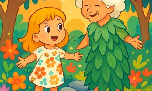 A 6-year-old girl named Mia, with golden hair and sparkling eyes, stands by a shimmering stream, her face radiant with curiosity and wonder. She wears a light dress with colorful floral patterns and has her arms open, as if wanting to embrace the world. Beside her is Sage Willow, a wise old woman with cloud-like white hair and a dress made of leaves, gently smiling while showing her the way. Their feet rest on smooth stones at the water's edge, surrounded by vibrant flowers and tall trees with silver leaves. The place is a magical garden, filled with bright colors and golden light, where everything seems alive and singing. The main scene shows Mia listening attentively to Sage Willow's words as they float gently on the stream, creating an atmosphere of discovery and wisdom.