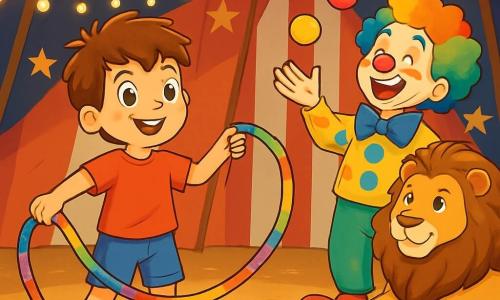 A 6-year-old boy, Milo, with messy brown hair and sparkling curious eyes, is at the center of the image. He wears a bright red t-shirt and denim shorts, holding a long, shiny, colorful rope that wraps around him like a joyful snake. His face shows excitement and pride, with a wide smile lighting up his face. Next to him, a cheerful clown, about 30 years old, with a round red nose and curly multicolored hair, is making faces while juggling colorful balls. He stands slightly back, laughing and encouraging Milo. A majestic lion, lying on a fluffy cushion, watches the scene with soft, curious eyes, adding a touch of magic to the atmosphere. The scene takes place under a large circus tent, with red and white stripes, illuminated by sparkling string lights. The ground is covered with sawdust, and cut-out paper stars hang from the beams, creating a festive and warm ambiance. Milo, with his colorful rope, is creating a magical dance in the dark, guiding the lights and laughter of the performers around him, transforming the tent into a place of joy and wonder.