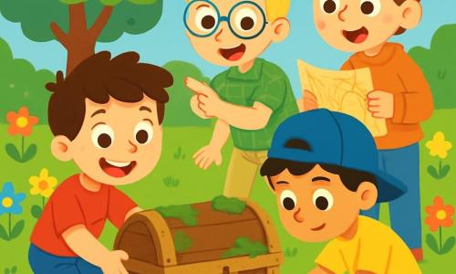Há 4 crianças: - Lucas: um menino de 8 anos, com cabelo castanho bagunçado e olhos brilhantes. Ele usa uma camiseta vermelha e um short azul. Ele está agachado, segurando um velho baú de madeira, com um grande sorriso no rosto. - Pedro: um menino de 7 anos, com cabelo loiro e óculos redondos. Ele usa uma camisa xadrez verde e uma calça bege. Ele está em pé ao lado de Lucas, apontando para o baú com empolgação. - Tiago: um menino de 8 anos, com cabelo preto e um boné azul. Ele usa uma camiseta amarela e sandálias. Ele está procurando pedras ao redor do baú, com uma expressão concentrada. - João: um menino de 7 anos, com cabelo castanho e sardas. Ele usa um moletom laranja e jeans. Ele está em pé atrás de Tiago, segurando um mapa antigo com um olhar curioso. O cenário se passa em um jardim ensolarado, cheio de flores coloridas e árvores verdes. No centro, há um velho baú de madeira, coberto de musgo e terra, cercado por pedras brilhantes. O céu é azul com algumas nuvens brancas fofas. A cena principal mostra as crianças descobrindo o baú misterioso, com expressões de surpresa e empolgação em seus rostos, imaginando o tesouro escondido dentro, prontas para viver uma grande aventura juntas.