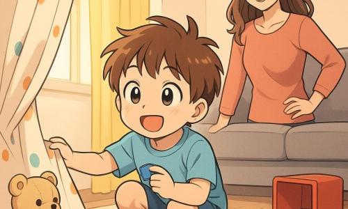 Um menino de 4 anos, João, rosto redondo, cabelo castanho despenteado, olhos grandes e curiosos, expressão alegre e surpresa, agachado puxando uma cortina leve e colorida para descobrir uma pilha de blocos; segura uma peça pequena azul. Uma mulher adulta (mãe), cerca de 30 anos, cabelo longo castanho, sorriso suave, em pé perto do sofá, mão no quadril, olhar carinhoso para João. Um urso de pelúcia bege com costuras visíveis e olhos redondos sentado no tapete à esquerda como se observasse a cena. Sala iluminada com tapete grande de padrões geométricos, sofá cinza, janela com cortina amarela, caixa de brinquedos vermelha tombada e blocos coloridos espalhados; raios de luz quente entrando. Cena principal: momento de descoberta alegre — João encontra uma esconderijo de blocos atrás da cortina, contraste dos blocos coloridos com a suavidade da sala; composição centrada em João agachado, expressões claras, atmosfera acolhedora, cores vivas, contornos nítidos, estilo mangá infantil, luz suave e sombras leves.
