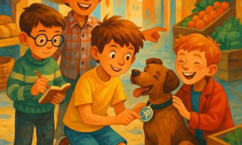 Four boys gather in a sunny outdoor market alley: a 10-year-old brown-haired boy in a bright yellow T-shirt and blue shorts kneels center holding a silver badge found on the dog's collar; a 9-year-old fair-skinned boy with round glasses and a striped green sweater stands left taking notes; an 11-year-old tan boy in an oversized straw hat and plaid shirt stands behind pointing at the dog; a 10-year-old redhead with freckles in a red jacket laughs and pets the dog leaning on a fruit crate. The cobbled alley has sticky jam stains, colorful fruit and bread stalls, wicker baskets and bunting, warm morning light casting long shadows. A small brown dog proudly displays a shiny badge while the boys form a semicircle around it, joyful and attentive, with textured details like the dog's fur, the wood grain of crates and the metal gleam of the badge.