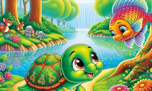 Una piccola tartaruga di nome Tilly, con un guscio verde decorato da motivi dorati, esprime grande curiosità e gioia sul suo viso. Avanza lentamente su un sentiero luminoso, circondata da fiori colorati e grandi alberi con tronchi spessi. Accanto a lei, un pesce colorato, con squame brillanti e pinne scintillanti, la guarda con un sorriso amichevole, pronto ad aiutarla. Sullo sfondo, un lago cristallino riflette il cielo blu, mentre animali danzano gioiosamente su un'isoletta verdeggiante. La scena mostra Tilly che scopre un mondo magico, pronta a vivere un'avventura indimenticabile nel cuore della foresta incantata.