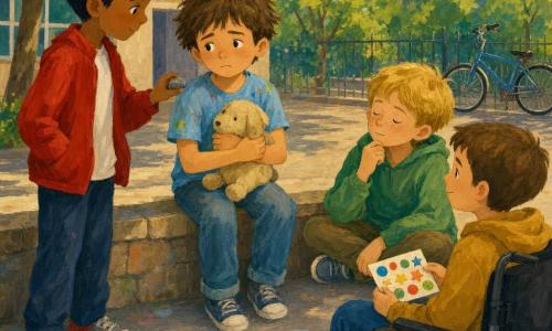 Vier vrienden: Sam, ongeveer 9 jaar, warrig bruin haar, lichtblauw verfvlekken T‑shirt, gezeten in het midden op de rand van een laag stenen muurtje, licht bezorgd kijkend en een beige knuffel tegen zijn borst geklemd; Amir, ongeveer 9 jaar, donkere huid, kort zwart haar, links van Sam staand in een rode jas en met zijn wijsvinger tegen een steentje tikken terwijl hij naar Sam kijkt; Jules, ongeveer 9 jaar, blond haar en sproetjes, rechts van Sam gezeten met gekruiste benen, ogen dicht alsof hij nadenkt, in een groen sweater; en Bas, ongeveer 9 jaar, kort bruin haar, in een rolstoel iets voor de anderen rechts, zacht glimlachend en zachtjes naar Sam rollend met een vel papier met stickers. Op een schoolplein in de namiddag met warm beton met krijtsporen, een fiets tegen een hek, bomen op de achtergrond en een pastelkleurige lucht en dikke gouacheachtige texturen. Situatie: de vier praten op het muurtje in een zowel serieuze als troostende sfeer; Sam vertelt over zijn gezins‑scheiding terwijl de anderen luisteren en ideeën aandragen (tekenkist, stickers); duidelijke gezichtsuitdrukkingen van bezorgdheid en steun, compositie gecentreerd op Sam met close‑ups van handen, de knuffel en de stickervel zichtbaar.
