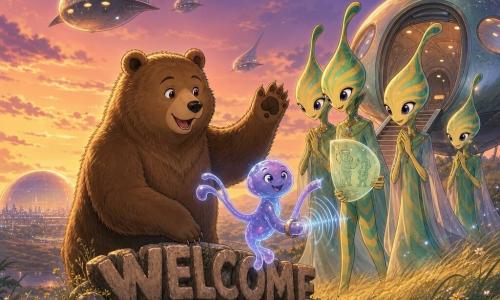 Main character: a large textured brown bear with a round face and gentle eyes, smiling in wonder and standing foreground beside big stone letters reading WELCOME FRIENDS with one paw raised in greeting; Secondary 1: Mrrli, a small translucent floating alien with a jellylike violet-blue glow, three long arms and one short, curious joyful expression, capturing sounds with a glowing bracelet, next to the bear; Secondary 2: three elegant Nipnops, tall thin pear-shaped heads with shimmering green-and-yellow striped skin, polite amazed gestures, one offering a glowing leaf drawing as they disembark from a drop-shaped craft in the background; Place: grassy hill at dusk with waving grasses and wildflowers, an orange sky and a sea of stars beginning to appear, a smooth glass dome reflecting evening light in the distance; Main situation: a warm peaceful first meeting as the bear welcomes extraterrestrial visitors under a pastel sky with friendly ships floating above, creating a tender, magical luminous atmosphere.
