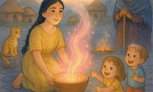 Ix Kira kniet in der Dorfmitte, entschlossenes, sanftes Gesicht, hält eine große Holzschale, aus der rosa-goldene Lichter strömen; Großmutter Nima (≈70) steht staunend mit gebeugten Händen an einem Stock nahe dem Feuer, zwei Kinder (≈6 und ≈4) im Vordergrund strecken freudig die Hände zur Lichtquelle; ein kleiner goldgefleckter Jaguar sitzt auf einem Stein am Rand der Plaza und wacht ruhig, der gepflasterte Dorfplatz mit Glut im Feuer, Lehmhütten und niedrigen Pyramiden im Hintergrund, grauer Himmel mit einem rosa-goldenen Streifen am Horizont, magischer Morgenmoment, warme Lichtfarben kontrastieren mit kühlen Stein- und Himmelstönen, mythisch-zärtliche Stimmung, Aquarellweichheit mit Details in weißem Gelstift, Hauptlicht weich rosa-gold.