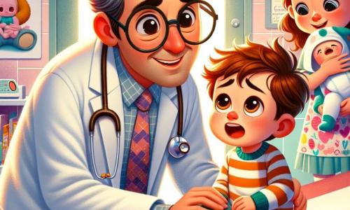 El personaje principal es el Doctor Juan, un hombre de unos cuarenta años, con cabello castaño ligeramente canoso y gafas redondas. Lleva una bata blanca y un estetoscopio alrededor del cuello, mostrando una sonrisa cálida y reconfortante mientras examina a un niño. El niño, Pablo, tiene 8 años, con cabello castaño desordenado y mejillas rosadas. Está sentado en una mesa de examen, luciendo un poco preocupado pero reconfortado por la sonrisa del doctor. Al fondo, una madre de unos treinta años sostiene a un bebé que llora en sus brazos. Tiene el cabello largo y castaño, y lleva un vestido colorido. Mira al Doctor Juan con esperanza, mientras que el bebé, un niño pequeño, tiene los ojos muy abiertos y lágrimas en las mejillas. La escena ocurre en un consultorio médico luminoso y acogedor, con carteles coloridos en las paredes, juguetes para niños esparcidos por el suelo y una gran ventana que deja entrar la luz del sol. En esta situación, el Doctor Juan examina a Pablo, quien se queja de una tos, mientras escucha a la madre preocupada que necesita ayuda para su bebé que llora. La atmósfera es cálida y llena de bondad, ilustrando la importancia de cuidar a los demás.