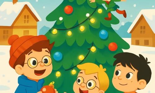 Há 4 personagens: - Pedro: um menino de 8 anos, com cabelo castanho bagunçado, usando um gorro vermelho e um casaco azul. Ele está de pé à esquerda, segurando uma bola de Natal vermelha nas mãos, com um grande sorriso. - João: um menino de 7 anos, com cabelo loiro e óculos redondos, vestido com um cachecol verde. Ele está no centro, estendendo uma guirlanda luminosa em direção ao pinheiro, com os olhos brilhando de excitação. - Miguel: um menino de 6 anos, com cabelo preto e sardas, usando um suéter listrado. Ele está à direita, agachado, olhando para o duende com um olhar maravilhado. - Duende Travesso: um pequeno duende com um chapéu vermelho pontudo e uma túnica verde, sorrindo maliciosamente. Ele está empoleirado em um galho do pinheiro, cercado por flocos de neve cintilantes, pronto para fazer uma nova travessura. O local é uma charmosa praça de vila, coberta por uma espessa camada de neve brilhante, com um grande pinheiro decorado com bolas coloridas e luzes cintilantes. Casas de madeira com telhados cobertos de neve cercam a praça, e flocos de neve caem suavemente do céu azul claro. A cena principal mostra os quatro personagens decorando o pinheiro de Natal, o duende fazendo piruetas e lançando flocos de neve, enquanto os meninos riem e se divertem, criando uma atmosfera alegre e festiva.