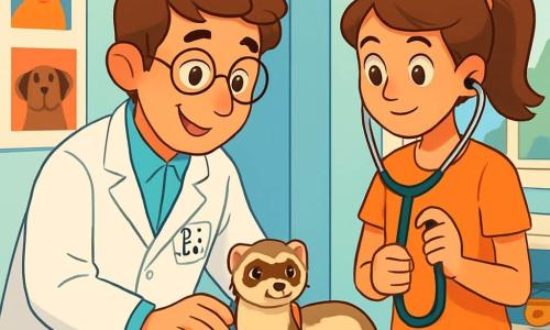 A smiling and warm male veterinarian, Dr. Leo, is wearing a spotless white coat. His brown hair is slightly tousled, and his glasses are slipping down his nose. He is crouched down, examining a small, sparkling-eyed ferret named Noodle, who looks curious and a bit anxious. Next to him, Maya, a young woman around 25 with brown hair tied in a ponytail, holds a stethoscope and carefully observes the ferret, ready to assist. The setting is a bright examination room in a veterinary clinic, with pastel blue walls, colorful animal posters, and shelves filled with pet toys. A large window lets in sunlight, illuminating the room. The main scene shows Dr. Leo reassuring Noodle while explaining to Maya what he observes. The atmosphere is gentle and friendly, filled with warmth and compassion as they work together to help the animal.