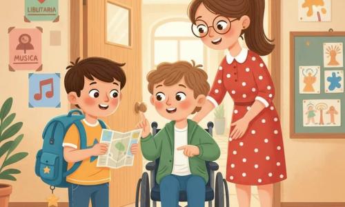 Hay tres personajes: Leo, niño de unos 6 años, cabello castaño corto, camiseta amarilla con una pequeña estrella, lleva una gran mochila azul con llavero de estrella; está en primer plano a la izquierda, sonriente sosteniendo el plano de la escuela. Tomás, niño de unos 6 años, piel clara, cabello castaño claro algo rizado, chaqueta verde y pantalón azul, sentado justo detrás y a la derecha de Leo, empujando suavemente su silla de ruedas y señalando el plano. La maestra Clara, mujer de unos 30 años, pelo largo recogido en una coleta, gafas redondas y vestido rojo con lunares blancos, está detrás de ellos junto a la puerta, sonriendo y saludando con la mano. Lugar: entrada de la escuela al fondo con puerta de madera clara abierta, pasillo luminoso con suelo de baldosa beige, carteles coloridos en las paredes (corazón para la biblioteca, nota musical para la sala de música, mancha de pintura para el taller de arte) y un panel de bienvenida con dibujos de niños; luz suave de la mañana. Situación: los dos niños miran y se ríen mientras descubren un pequeño plano que les dio la maestra, listos para emprender tres misiones; ambiente alegre, colores vivos, formas simples y expresión de curiosidad y compañerismo.