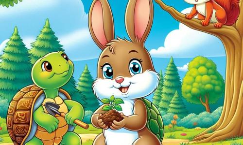 Ein junger Hase mit großen Ohren namens Felix, mit weichem braunem Fell und neugierigen leuchtenden Augen, steht fröhlich im Zentrum einer sonnigen Lichtung, hält eine kleine Holzschaufel und eine junge Pflanze in seinen Vorderpfoten. An seiner Seite lächelt eine weise Schildkröte namens Tilli, mit einem grünen Panzer, der mit goldenen Mustern verziert ist, stolz auf Felix. Ein frecher Eichhörnchen namens Susi mit strahlend rotem Fell klettert auf einen Ast direkt darüber, verspielt und bereit zu helfen, mit einer Nuss in ihren kleinen Pfoten. Der Ort ist eine grüne Lichtung, umgeben von majestätischen Bäumen mit leuchtenden Blättern, bunten Blumen, die den Boden schmücken, und einem hellblauen Himmel mit flauschigen weißen Wolken. Die Hauptsituation zeigt Felix und seine Freunde beim Pflanzen von Bäumen und Blumen, vereint in ihrer Mission, ihren Wald zu retten, mit strahlenden Lächeln auf ihren Gesichtern, die Hoffnung und Kameradschaft symbolisieren.