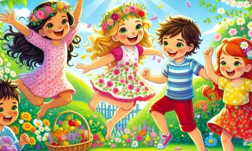 En un jardín soleado, cinco amigos se reúnen para celebrar la primavera. Sofía (niña, 7 años) tiene el cabello largo y castaño, y lleva un vestido rosa con flores; salta de alegría rodeada de pétalos. Leo (niño, 7 años) tiene el cabello rubio desordenado y lleva una camiseta azul; baila con una gran sonrisa. Ana (niña, 6 años) tiene rizos pelirrojos y lleva una falda amarilla; sostiene un plato de frutas, sentada en la hierba. Tomás (niño, 6 años) tiene el cabello castaño y lleva un short rojo; hace movimientos de baile junto a Ana. Marta (niña, 7 años) tiene trenzas negras y lleva una corona de flores; sonríe mientras sostiene una guirnalda. El jardín está lleno de flores coloridas y cerezos en flor, con un cielo azul brillante. Los niños bailan alegremente alrededor de un mantel de picnic con pasteles y frutas, celebrando la belleza de la primavera.