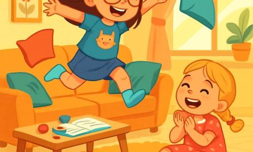 Ci sono 2 personaggi principali: - Marta: una ragazza di 8 anni con lunghi capelli castani e occhiali rotondi. Indossa una maglietta blu con un motivo di gatto e un pantaloncino di jeans. Sta saltando dal divano con un grande sorriso. - Anna: una ragazza di 6 anni con capelli biondi intrecciati. Indossa un vestito rosa a pois e calze colorate. È accovacciata sul tappeto, ridendo dopo aver fatto una capriola. La scena si svolge in un salotto accogliente con pareti giallo chiaro e un grande tappeto morbido. Un divano comodo è al centro, circondato da cuscini colorati. Sulla tavolino ci sono giocattoli sparsi e un libro aperto. La luce del sole filtra attraverso le tende, creando un'atmosfera gioiosa. La situazione principale mostra Marta e Anna in una gara di salti. Marta è in aria, pronta ad atterrare sul tappeto, mentre Anna ride in attesa del suo turno. I cuscini volano attorno a loro, e l'atmosfera è piena di risate e gioia, illustrando la loro complicità e spirito giocoso.