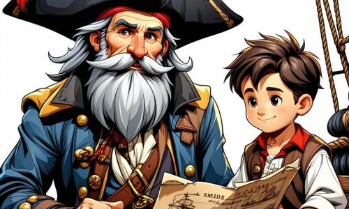 Il vecchio pirata, il Capitano Nero Bartolomeo, è un uomo di mezza età con una lunga barba grigia e occhi scintillanti di malizia. Indossa un grande cappello nero decorato con una piuma rossa e una giacca di pelle consumata, mentre tiene una mappa del tesoro in mano, con un'espressione determinata e curiosa. Accanto a lui, il giovane Mozzo Pippo, un ragazzo di circa 10 anni, ha i capelli arruffati e un sorriso malizioso. Osserva attentamente la mappa, gli occhi brillanti di eccitazione. La coraggiosa Mara, una ragazza di 12 anni con una lunga treccia rossa, si tiene leggermente in disparte, con le braccia incrociate, mostrando un'espressione concentrata, pronta a difendere il suo team. La loro nave, il 