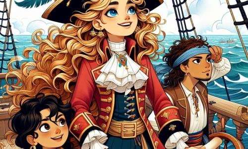 Isabela, una joven capitana pirata, se encuentra orgullosamente en la cubierta de su barco, el Viento Libertad. Tiene el cabello rizado y dorado que ondea al viento, ojos azul océano llenos de determinación y una sonrisa audaz en su rostro. Lleva un sombrero de pirata adornado con plumas coloridas y un abrigo rojo brillante, blandiendo un mapa del tesoro con entusiasmo. A su lado, Diego, su primer oficial, un joven de unos 25 años, tiene el cabello castaño y una barba ligera. La mira con admiración, sosteniendo una brújula en la mano, listo para ayudarla a navegar hacia la aventura. Luna, la cartógrafa, una chica de 20 años con cabello negro y gafas redondas, está inclinada sobre un mapa extendido en la cubierta, trazando líneas con un lápiz, concentrada en su próximo destino. El Viento Libertad es un hermoso barco de velas blancas, navegando por aguas turquesas brillantes bajo un cielo azul claro, con nubes algodonosas flotando suavemente. Al fondo, se dibujan islas verdes en el horizonte, prometiendo misterios y tesoros por descubrir. La escena principal muestra a Isabela y su equipo preparándose para partir hacia la aventura, sus rostros iluminados por la emoción, mientras se disponen a navegar hacia una isla misteriosa en busca del legendario Corazón de la Tempestad.