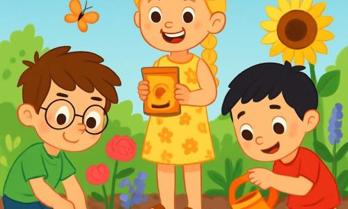Há 3 personagens: - Lucas: um menino de 8 anos, com cabelos castanhos bagunçados e óculos redondos. Ele usa uma camiseta verde e um short azul. Está agachado, segurando uma pequena pá, cavando um buraco no jardim. - Sofia: uma menina de 7 anos, com longos cabelos loiros trançados e um sorriso radiante. Ela veste um vestido amarelo com flores e sandálias. Está em pé, segurando um pacote de sementes de girassol, pronta para plantá-las. - Miguel: um menino de 8 anos, com cabelos pretos e sardas no rosto. Ele usa uma camiseta vermelha e calças bege. Está regando uma planta com um regador, enquanto observa as flores com admiração. O local é um jardim escolar vibrante e colorido, cheio de flores de todas as cores: rosas, lavandas e girassóis. Borboletas voam ao redor das plantas, e um céu azul claro se estende acima, salpicado de algumas nuvens brancas e fofas. O solo é rico e marrom, e ferramentas de jardinagem estão espalhadas ao redor das crianças. A cena principal mostra os três amigos em plena ação, trabalhando juntos com entusiasmo para plantar sementes e regar as flores, enquanto riem e se divertem, cercados pela beleza da natureza, ilustrando seu compromisso em proteger o meio ambiente.