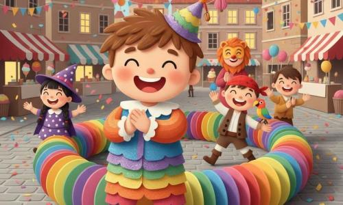Un ragazzo di 10 anni, felice e raggiante, capelli castani corti spettinati, veste un costume arcobaleno scintillante e un cappellino con campanelle e guida una colorata schiera d'onore battendo le mani; a sinistra Marta, 9 anni, travestita da simpatica streghetta con treccia nera e vestito viola a pois, lancia coriandoli; vicino il ragazzo principale Leo, circa 10 anni, travestito da pirata con bandana rossa e un finto pappagallo di carta sulla spalla, fa una danza buffa; dietro la schiera la mamma, circa 35 anni, truccata da leonessa con un naso rosso dipinto, sorride e applaude; la scena si svolge in una grande piazza lastricata con bandierine colorate, lanterne sospese, chioschi con gelati e palloncini e palazzi dalle finestre illuminate, confetti in volo, movimento e risate mentre la schiera accoglie allegramente gli ospiti in maschera.