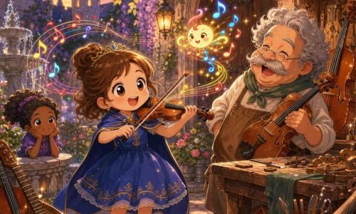 La principessa è una bambina dal viso rotondo e occhi grandi, veste un abito corto color mirtillo con una piccola mantella ondeggiante e suona sorridendo un violino in miniatura al centro della scena; il liutaio è un uomo di circa 60 anni, basso e tondo con capelli grigi ricci e baffi, ride tenendo un vecchio violino vicino a un banco di lavoro in legno; il Suonino è una creatura birichina non umana, piccola come una mela, fatta di note colorate fluttuanti che svolazzano intorno al violino; ambientazione: laboratorio del liutaio nella corte del castello con pile di strumenti, guirlande di fiori, una porta coperta di glicine e una fontana in pietra; momento: scena gioiosa con una melodia giocosa che calma il Suonino e fa ridere il liutaio, note colorate in spirale, luce soffusa serale e petali che volano; stile manga, colori vivaci, tratti rotondi, atmosfera calda e fantastica.