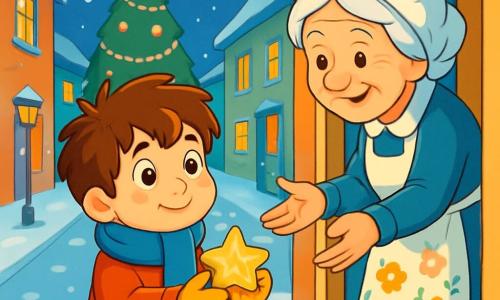 Un ragazzo di 6 anni, di nome Tommaso, con capelli castani disordinati e grandi occhi brillanti di curiosità, si trova in mezzo a una strada innevata. Il suo viso esprime dolce determinazione, indossa un cappotto rosso vivo, una sciarpa di lana blu e guanti gialli. Tiene in mano una piccola stella di legno, scintillante sotto la luce delle lanterne. Accanto a lui, una vecchia signora sorridente, di circa 70 anni, indossa un bel grembiule fiorito e una cuffietta bianca. Si piega in avanti, con le mani tese verso Tommaso, come se lo invitasse a entrare nella sua casa accogliente. Il contesto è una strada pittoresca, fiancheggiata da case colorate con finestre illuminate, mentre fiocchi di neve cadono dolcemente dal cielo stellato. Un grande albero di Natale, decorato con ghirlande scintillanti, si erge alla fine della strada, aggiungendo un tocco festivo alla scena. Tommaso, con uno sguardo incantato, è pronto a restituire la piccola stella alla signora, simboleggiando la magia del Natale e la gentilezza. Le luci delle lanterne creano un'atmosfera calda e accogliente, mentre la neve ricopre il suolo con un morbido manto bianco.