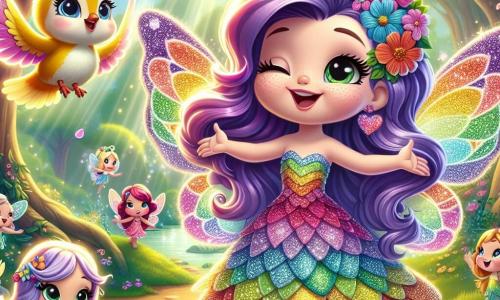 Im Zentrum des Bildes steht eine kleine Fee namens Lila, eine Frau mit schimmernden Flügeln in Regenbogenfarben, mit einem breiten Lächeln im Gesicht und voller Entschlossenheit. Ihre langen, gewellten Haare sind leuchtend violett, und sie trägt ein Kleid aus bunten Blütenblättern. Sie verbreitet Lichtfunken um sich herum und erhellt die Landschaft. Neben ihr fliegt ein kleiner Vogel, ein Junge mit goldenen Federn, fröhlich im Kreis, seine Augen strahlen vor Dankbarkeit. Er hat einen schelmischen Ausdruck und scheint bereit zu sein, eine fröhliche Melodie zu singen. Eine Gruppe bunter Schmetterlinge, Jungen und Mädchen mit Pastellflügeln, umkreist sie und tanzt um Lila mit strahlenden Lächeln. Der Ort ist ein wunderschöner verzauberter Garten, gefüllt mit leuchtenden Blumen, großen Bäumen mit knorrigen Stämmen und Sonnenstrahlen, die durch die Blätter filtern und ein Spiel aus Schatten und Licht erzeugen. Schmetterlinge flattern in der Luft und verleihen der Umgebung einen Hauch von Magie. Die Hauptsituation zeigt Lila, die voller Mut die Farben des Königreichs befreit, während die Kreaturen des Gartens sie ermutigen und ihr heldenhaftes Handeln feiern, das die graue Landschaft in eine lebendige Welt voller Farben verwandelt.
