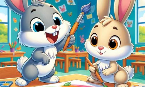 Max, ein kleiner grauer Hase mit großen Ohren und funkelnden Augen, malt einen blauen Himmel auf ein großes Blatt Papier. Er lächelt breit, voller Freude und Begeisterung. Neben ihm schaut Leo, ein junger beiger Hase mit langen, flexiblen Ohren, bewundernd zu. Er wirkt ein wenig nervös, aber neugierig, und hält einen Pinsel in einer Pfote, bereit, ein lebhaftes Grün für einen schönen Hügel zu malen. Die Szene spielt in einem hellen Klassenzimmer, das mit lebendigen Farben gefüllt ist. Die Wände sind mit Kinderzeichnungen dekoriert, und große Fenster lassen Sonnenlicht herein, das die Holztische erhellt, an denen andere Hasen zeichnen. Max und Leo teilen einen kreativen Moment, lachen und ermutigen sich gegenseitig, ihre Fantasie durch Malerei auszudrücken, was Freundschaft und Entdeckung in ihrer fröhlichen Schule symbolisiert.