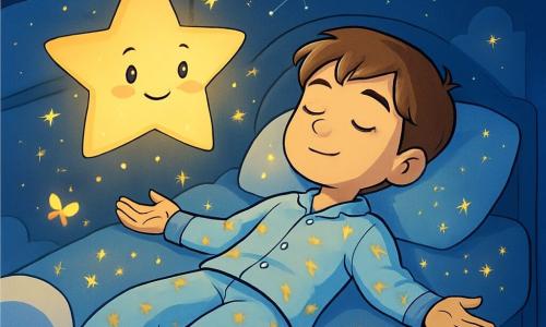 Een 12-jarig jongen, Milo, met kastanjebruin haar en glanzende ogen, ligt op een bed in de vorm van een wolk, met een serene en rustige uitstraling. Hij draagt een lichtblauw pyjama, versierd met kleine gouden sterren, en ademt diep in, met zijn armen lichtjes geopend, alsof hij de vrede verwelkomt. Naast hem zweeft een lumineuze ster met een vriendelijke gezicht en sprankelende ogen, die een zachte gouden gloed uitstraalt die de kamer verlicht. De ster lijkt Milo aan te moedigen met een warme glimlach. De kamer is magisch, met nachtblauwe muren bezaaid met fonkelende constellaties. Een plafond in de vorm van een sterrenhemel creëert een dromerige sfeer, terwijl pluizige wolken rond de kamer zweven. De belangrijkste situatie toont Milo die diep ademhaalt, omringd door kleine fonkelende lichtjes die rustgevende gedachten vertegenwoordigen, terwijl heldere vlinders om hem heen dansen, wat de lichtheid en rust symboliseert.