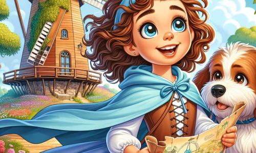 Uma menina de 10 anos, Sofia, com cabelos cacheados e olhos brilhantes de curiosidade, está em frente a um velho moinho de madeira, seu rosto radiante de empolgação. Ela usa uma capa azul que flutua levemente ao vento e segura um mapa do tesouro, seus dedos apertando o papel com impaciência. Ao lado dela, seu fiel cachorro, Pingo, um pequeno cão de pelos marrons e orelhas grandes, fareja o chão com entusiasmo, seus olhos brilhando de expectativa. O moinho se ergue majestoso atrás deles, com suas grandes hélices cobertas de hera e paredes de madeira desgastadas pelo tempo, cercado por um campo de flores coloridas que dançam ao vento. O céu é azul, salpicado de nuvens brancas e fofas, criando uma atmosfera alegre. Sofia, cheia de energia, está prestes a descobrir um tesouro escondido, com um olhar determinado e um sorriso radiante, enquanto se prepara para explorar o mistério do moinho.