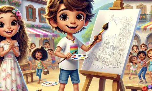 Um garoto de 12 anos, Miguel, está no centro do palco, com cabelos castanhos bagunçados e um sorriso radiante de empolgação. Ele veste uma camiseta colorida e um short, segurando um pincel em uma mão e uma paleta de pintura na outra, pronto para criar uma obra de arte. Ao seu lado, sua irmã Sofia, uma menina de 10 anos com cabelos longos e cacheados, o incentiva com um grande sorriso, usando um vestido leve com estampas florais. Ao fundo, crianças de diferentes idades, meninos e meninas, estão reunidas em torno de uma grande tela branca, prontas para pintar juntas. O local é uma charmosa praça central de uma vila, cercada por casas coloridas com janelas de madeira, com árvores floridas e bancos onde os moradores se reúnem. Lanternas coloridas flutuam acima do palco, criando uma atmosfera festiva e alegre. A cena principal mostra Miguel, cercado por seus amigos, apresentando sua pintura à comunidade, expressando sua paixão pela arte e pela igualdade de gêneros, enquanto todas as crianças se preparam para criar uma grande obra colaborativa na tela, simbolizando unidade e diversidade.