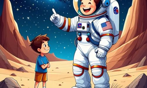 Um astronauta homem, sorridente e entusiasta, veste um traje espacial brilhante e colorido, com um capacete transparente que reflete as estrelas. Ele está em pé em uma superfície avermelhada, semelhante à de Marte, apontando para o céu estrelado com admiração. Ao seu lado, um garoto de 8 anos, com cabelos castanhos e olhos brilhantes, observa com admiração o astronauta, de braços cruzados, sonhando em se tornar um explorador do espaço. Ele usa uma camiseta azul e um short, e está em cima de uma pequena pedra, com os pés na areia marciana. O cenário é uma paisagem marciana, com montanhas vermelhas no horizonte, crateras e estrelas cintilantes em um céu negro profundo. A luz suave do planeta ilumina a cena, criando uma atmosfera mágica e inspiradora. A situação principal mostra o astronauta e o garoto compartilhando um momento de sonho e aventura, o astronauta explicando entusiasticamente sua viagem às estrelas, enquanto o garoto escuta atentamente, com os olhos brilhando de excitação.