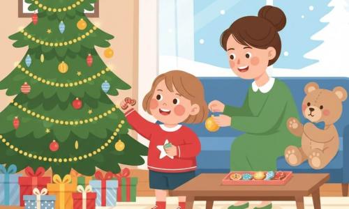 A joyful 2-year-old girl with short light brown hair and rosy cheeks in a red sweater with white stars holds a decorated cookie and reaches toward a large green Christmas tree as her smiling, gentle mother in her 30s with brown hair in a bun and a green dress leans in to place a gold bauble to her right; a beige teddy with stitched black eyes and a blue bow sits on the blue sofa looking at the girl as if applauding; the cozy living room has a cream rug, wooden table with a tray of colorful cookies, yellow fairy lights on the tree, red and silver wrapped gifts, and a large window showing falling snow; the main scene is mother and daughter decorating together with small hands hanging bright ornaments, sparkling lights, a joyful cozy atmosphere, strong contrasts and simple shapes suitable for toddlers.