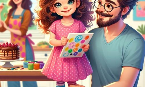 Uma menina de 4 anos, Lila, com grandes olhos brilhantes e cabelos cacheados, está no centro da cena, sorridente e cheia de alegria, segurando um desenho colorido em suas pequenas mãos. Ela usa um vestido rosa com bolinhas brancas e meias listradas, e seu rosto irradia excitação. Ao lado dela está seu pai, um homem na casa dos trinta anos, com uma barba suave e óculos. Ele veste uma camiseta azul e jeans, olhando para Lila com um sorriso caloroso, braços abertos para abraçá-la. Ele se inclina levemente em direção a ela, demonstrando seu afeto. Ao fundo, a mãe de Lila, uma mulher na casa dos trinta com cabelos longos e castanhos, está ocupada decorando um bolo de chocolate em uma mesa de cozinha. Ela usa um avental colorido e sorri ao olhar para sua filha e seu marido, adicionando um toque de felicidade à cena. A cena ocorre em uma cozinha iluminada e acolhedora, com paredes pintadas de amarelo pastel e janelas que deixam entrar a luz do sol. Na mesa, há ingredientes de confeitaria espalhados, pratos coloridos e o bolo decorado com confetes. O momento principal mostra Lila apresentando orgulhosamente seu desenho ao pai para o Dia dos Pais, enquanto a mãe os observa, criando um momento de ternura e felicidade familiar.