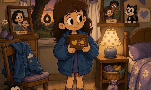 One character: an 8-year-old girl with mid-brown hair and bangs, big gentle eyes, wearing a slightly oversized blue jacket and purple socks, standing center in a warm child's bedroom at dusk and holding a small wooden box decorated with stickers, looking at two framed photos on shelves to either side; the room has light wood floors, a mustard round rug, a polka-dot lampshade, a chair with the blue jacket to the left, a small shelf with a basket of clothes and a lavender sachet to the right, and a window showing a large oak and a tire swing outside; she hugs her 