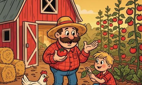 A smiling, kind farmer named Fred with a round face, big mustache, wide straw hat, red plaid shirt and muddy boots holds a bright red tomato and points to the plant while a curious 6-year-old boy, Timmy, with blond tousled hair and wide eyes crouches beside him touching a leaf; a white hen pecks nearby with a cream egg in the straw, and in the background a red wooden barn with an open door, rows of vegetables and tomato plants with ripe fruit sit on rich brown soil with muddy boot prints and hay bales to the left under a golden evening sky casting warm light and soft shadows; centered composition, foreground interaction, thick-line style, saturated colors, visible textures, joyful peaceful atmosphere.