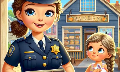 Officer Emily Hayes stands in the center of the image, wearing a warm and determined smile. She is dressed in a navy blue uniform, with a shiny badge on her chest and a slightly tilted police hat. Her brown hair is tied back in a ponytail, and her eyes sparkle with enthusiasm as she holds a box of pastries in her arms. Next to her is a 7-year-old girl named Lily, who looks on with wide eyes. She has long braided blonde hair and wears a colorful floral dress, clutching a small stuffed rabbit while shyly smiling as she helps Emily carry the delicious pies. In the background, Mrs. Thompson's bakery can be seen, with wooden windows and shelves full of cakes and pies. The sun shines above, creating a joyful atmosphere in the small town of Maplewood. The scene depicts Emily and Lily walking together toward the bakery, surrounded by curious townsfolk admiring them, capturing the moment they return the stolen pies to their owner, symbolizing community spirit.