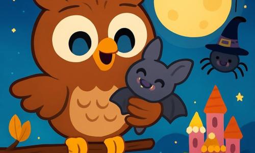 Ollie the owl, with big round eyes and soft brown feathers, is perched on a branch, displaying a joyful and excited expression. He holds his toy, Fuzzy the bat, while hooting with happiness. Nearby, a small spider wearing a tiny witch hat, with thin shiny legs, looks at Ollie with a friendly smile, ready to help him on his quest. The setting is a magical Halloween night, with a starry sky and a bright full moon. Below, a colorful candy castle made of popcorn and marshmallows sparkles in the moonlight, surrounded by smiling pumpkins and golden autumn leaves. The main scene shows Ollie, delighted to be with Fuzzy, in a moment of joy and friendship, surrounded by his friends in this fairy-tale setting, ready to celebrate Halloween together.