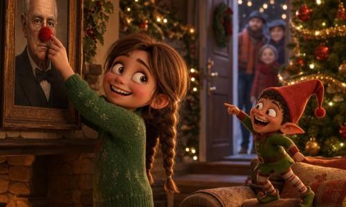 An 8-year-old girl, happy and mischievous with rosy cheeks and chestnut braids, smiles widely in a green wool sweater as she sticks a shiny red pompom onto an old portrait, while a tiny, playful Christmas elf with a pointed red hat stands on the couch arm at her height, pointing and laughing; the mother is absent but an ajar door in the background lets in warm light, and the cozy Christmas living room features a lit tree, gold garlands, a stone fireplace with stockings, piled soft cushions, twinkling lights and a flour-dusted table hinting at fresh cookies—tender prank, joyful expressions, warm colors, soft textures, reflective decorations; centered on the girl and portrait, mid-shot, soft depth of field, magical family atmosphere.