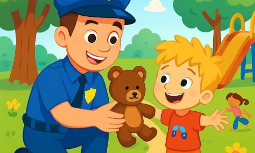 A smiling police officer in his thirties wears a bright blue uniform and a large shiny badge. His joyful and determined face has kind, sparkling eyes. He is crouching down, holding a brown teddy bear in his hands, ready to return it to a little boy. The five-year-old boy, with tousled blonde hair, is standing with his arms wide open and a big smile on his face, expressing his joy at being reunited with his stuffed friend. The park around them is lush, with leafy trees, colorful flowers, and a shiny plastic slide. Children are playing in the background, adding a cheerful atmosphere to the scene. The main focus is on the police officer returning the teddy bear to the boy, illustrating a moment of happiness and camaraderie, highlighting the joy of helping others.