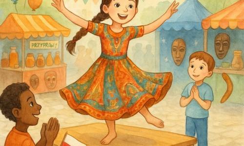 Zosia, 10-letnia Polka, promienna i uśmiechnięta, w kolorowej sukience inspirowanej tkaninami indyjskimi i z warkoczem, tańczy na małej estradzie; Olek, około 10 lat, jasna karnacja, stoi po prawej w tle z bumerangiem i z zachwytem złożonymi rękami; Youssef, około 11 lat, pochodzenie północnoafrykańskie, opalona skóra i krótkie czarne włosy, po lewej strony widowni klaszcze, uśmiechnięty, trzyma małą egipską flagę z jednego ze stoisk; miejsce: dziedziniec szkoły w ciągu dnia ze stoiskami (przyprawy, girlandy, maski afrykańskie, namiot australijski), balonami i wielobarwnymi proporczykami; główna sytuacja: radosne przedstawienie kulturowe podczas kermesu szkolnego, żywa, ciepła i inkluzywna atmosfera, dzieci różnych narodowości biją brawo razem.
