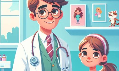 Mężczyzna, doktor Marcinek, stoi w swoim gabinecie lekarskim, pokazując ciepły i uspokajający uśmiech. Ma lekko kręcone brązowe włosy, nosi nieskazitelną białą fartuch i okrągłe okulary. Jego oczy błyszczą dobrocią, gdy bada młodą pacjentkę. Obok niego stoi piętnastoletnia dziewczyna, Marta, z długimi, brązowymi włosami, która patrzy na doktora z nadzieją. Ma na sobie różowy sweter i wygląda na zrelaksowaną, z delikatnym uśmiechem na twarzy, podczas gdy jej matka, kobieta w wieku około czterdziestu lat, z krótkimi blond włosami, stoi za nią z założonymi rękami, z wyrazem ulgi na twarzy. Gabinet lekarski jest jasny i przytulny, z niebieskimi ścianami, kolorowymi plakatami rysunków na temat zdrowia i zabawkami rozrzuconymi na półce. Duże okno wpuszcza światło słoneczne, oświetlając pomieszczenie. Główna sytuacja pokazuje, jak doktor Marcinek entuzjastycznie wyjaśnia Marcie swoją diagnozę, podczas gdy matka uważnie słucha, z ulgą widząc, jak jej córka odzyskuje uśmiech.