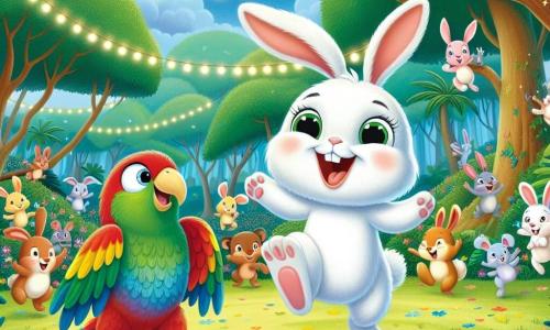 Un pequeño conejo llamado Ramón, con pelaje blanco y grandes orejas, está bailando alegremente en medio de una fiesta en el bosque. Tiene una gran sonrisa en su rostro, sus ojos brillan de emoción mientras salta alrededor de sus amigos. Junto a él, un loro colorido llamado Lucho, con plumas verdes, rojas y amarillas, está posado en una rama, riendo y haciendo gestos divertidos con sus alas. El ambiente es un bosque encantado, lleno de árboles majestuosos con hojas verdes brillantes y flores multicolores que cubren el suelo. Guirnaldas de luces brillantes cuelgan entre las ramas, creando una atmósfera festiva y mágica. La escena principal muestra a Ramón y Lucho organizando una fiesta alegre con todos sus amigos animales, bailando y riendo juntos bajo un cielo azul salpicado de nubes blancas y esponjosas.