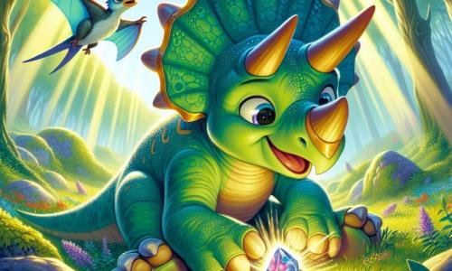 Młody triceratops o imieniu Trik stoi w centrum sceny z wyrazem ekscytacji i ciekawości na twarzy. Ma błyszczącą zieloną skórę z małymi łuskami oraz trzy majestatyczne rogi na czole. Trik dotyka tajemniczego, świecącego amuletu leżącego na ziemi, a jego oczy błyszczą radością i zdumieniem. Obok niego unosi się mały pterozaur o imieniu Ptery, z kolorowymi, niebiesko-żółtymi skrzydłami, który z dumą wspiera swojego przyjaciela. Scena rozgrywa się w Dolinie Mglistych Wzgórz, magicznej dolinie otoczonej mgłą, z dużymi drzewami o bujnych liściach. Promienie słońca przebijają się przez mgłę, oświetlając ziemię pełną kolorowych kwiatów i błyszczących kamieni. Trik właśnie odkrył legendarny amulet, symbol jedności i odwagi, czując przypływ energii i nadziei, gotowy podzielić się tym odkryciem z innymi dinozaurami w dolinie.