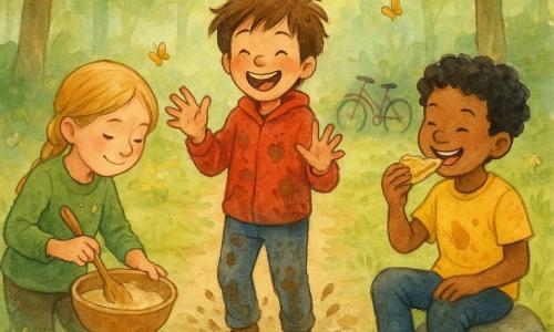 Drie kinderen: een jongen van ongeveer 10 met warrig bruin haar en een rode jas vol modder in het midden bij een plas, lachend en zijn handen uitkloppend; een meisje van circa 9 met blond gevlochten haar en een groene trui met pannenkoekdeegvlekken links, gebogen met een houten lepel en een kom, geconcentreerd glimlachend; en een jongen van ongeveer 8 met krullend zwart haar en een geel T‑shirt met siroopvlek rechts, zittend op een steen en blij een pannenkoek etend. Locatie: zonnig bospad met groene bladeren, bloemen, een grasrijke open plek met stenen, modderplas; op de achtergrond tegen een boom geleunde fietsen en fladderende vlinders. Situatie: geïmproviseerd picknick na een fietstocht, rommelige pannenkoeken, modderspatten en gedeeld gelach, zachte aquarellook met warme kleuren en vage, expressieve lijnen.