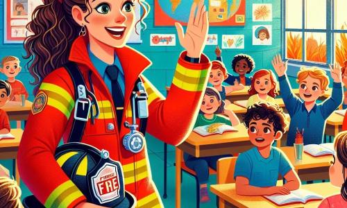 Uma mulher bombeira chamada Bia, sorridente e cheia de energia, veste um uniforme vermelho vivo com um capacete brilhante. Ela fala com as crianças, gesticulando entusiasticamente para explicar sua profissão. Seus cabelos castanhos estão presos em um rabo de cavalo, e seus olhos brilham de alegria. Ao lado dela, um menino chamado Léo, com cerca de 8 anos, cabelos loiros bagunçados e uma camiseta azul, a escuta atentamente, com os olhos arregalados de admiração. Ele segura um pequeno brinquedo de caminhão de bombeiros nas mãos, inclinado para frente, cativado pela história de Bia. Atrás deles, uma menina chamada Sofia, de 7 anos, com cabelos castanhos cacheados e um vestido rosa, sorri e levanta a mão para fazer uma pergunta. Ela está sentada em uma pequena cadeira, cercada por outras crianças, todas curiosas e atentas. A cena acontece em uma sala de aula iluminada, com desenhos coloridos nas paredes e janelas que deixam entrar a luz do sol. Mesas de madeira estão dispostas em fileiras, e um grande mapa-múndi está pendurado no quadro. A situação principal mostra Bia, a bombeira, compartilhando sua paixão pela profissão com as crianças, cativando-as com histórias de bravura e solidariedade, enquanto as encoraja a serem curiosas e corajosas.