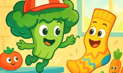 Broccolino, een schattige kleine broccoli met een grote rood-witte helikopterhoed, zweeft vrolijk in de lucht, terwijl zijn glanzende groene bladeren in de wind wapperen, met een grote glimlach op zijn gezicht. Naast hem springt Sokkie, een gele sok met sprankelende ogen en een grote glimlach, enthousiast, terwijl zijn kleurrijke zigzagpatronen in de lucht zwiepen. De achtergrond is een lichte keuken, vol met kleurrijke groenten: rode tomaten, oranje wortels en groene erwten, die allemaal vol verwondering kijken. Het zonlicht stroomt door het raam en verlicht de scène met een zachte warmte. De hoofdsituatie toont Broccolino die vrolijk boven de keuken vliegt, terwijl Sokkie, helemaal opgewonden, probeert hem te bereiken, wat een feestelijke en avontuurlijke sfeer vol lachen en verrassingen creëert.
