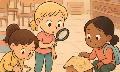 Hay 3 niñas: Lía, 6 años, pelo castaño en coletas, blusa amarilla, cuaderno en la mano, inclinada a la izquierda escribiendo y mirando concentrada hacia la caja; Nora, 6 años, pelo rubio corto, lupa de juguete ante un ojo, de pie en el centro examinando migas en el suelo con postura curiosa; Alma, 6 años, pelo negro recogido, juguetona pero tímida, lleva una pequeña mochila con orejas de conejo, agachada a la derecha junto a una casita de cartón, con la mano sobre una caja azul abierta. El lugar es una sala de música/espacio escolar con grandes ventanas, suelo de losetas claras, filas de sillas de madera formando un túnel detrás de las niñas, alfombra colorida y estanterías con tambores y xilófono al fondo; migas en el suelo forman un sendero y hay una casita hecha con una manta y cartón decorado con estrellas. Situación: las tres niñas descubren detrás de las sillas una caja azul de galletas abierta y una pequeña casita para un ratón de juguete; ambiente suave y ligero, expresiones de sorpresa y empatía, colores pastel, luz cálida de mañana, estilo cómic simple y redondeado con trazos limpios y siluetas infantiles.